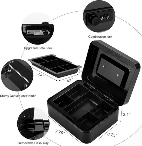 Small Cash Box with Combination Lock and Removable Cash Tray, Metal Money Box for Cash Safe, Durable Double Layer Code Petty Money Organizer for Security, 7.87"x 6.30"x 3.54", Black in Kuwait