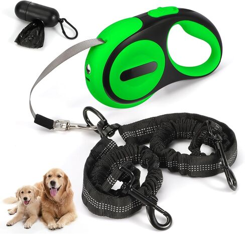 Double Retractable Dog Leash for 2 Large Dogs (Up to 143 Lbs Each), 2 Headed Pet Leash with Poop Bags and Rechargeable LED Light - Tangle-Free Swivel - One Button Break & Lock (White, Large) in Kuwait