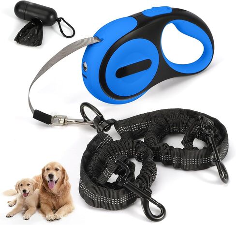 مقود الكلب المزدوج القابل للسحب ل 2 كلاب كبيرة (يصل إلى 143 رطلا لكل منهما) ، ومقود أليفان برئاسة مع أكياس أنبوب وضوء LED قابل لإعادة الشحن - دوارة خالية من التشابك - Break Break & Lock (أبيض ، كبير) in Kuwait