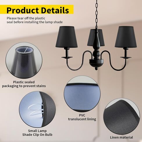 Set of 6 Clip-on Mini Chandelier Lamp Shades,3.5" x 5.1" x 5.5",Small Barrel,Handmade,Traditional Decorative,Natural Linen Lamp Shade,Modern European Style Bell Shade (Black) in Kuwait