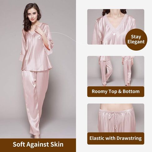 LilySilk Women's 100% Real Silk Pajamas Set V Neck 3/4 Long Sleeve 22 Momme Mulberry Silk Sleepwear in Kuwait