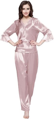 LilySilk Women's 100% Real Silk Pajamas Set V Neck 3/4 Long Sleeve 22 Momme Mulberry Silk Sleepwear in Kuwait