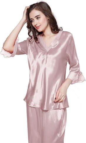LilySilk Women's 100% Real Silk Pajamas Set V Neck 3/4 Long Sleeve 22 Momme Mulberry Silk Sleepwear in Kuwait