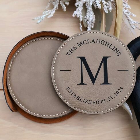 Custom Round Engraved Coasters, Personalized Leather Coaster, Set of 6 Drink Coasters with Holder, Laser Engraved Baware, Gift for Couples (Rustic/Gold) in Kuwait