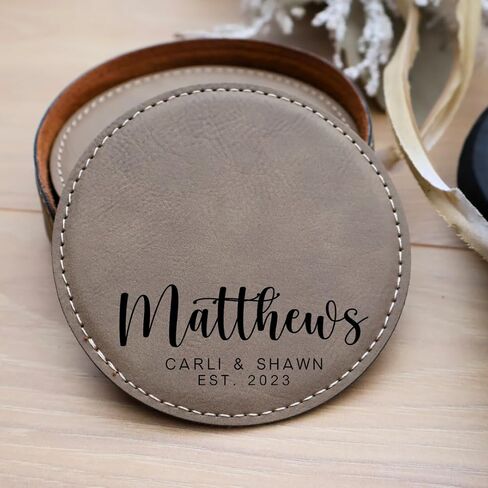 Custom Round Engraved Coasters, Personalized Leather Coaster, Set of 6 Drink Coasters with Holder, Laser Engraved Baware, Gift for Couples (Rustic/Gold) in Kuwait
