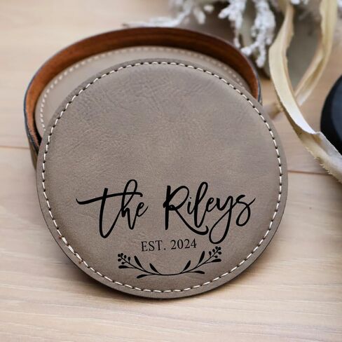 Custom Round Engraved Coasters, Personalized Leather Coaster, Set of 6 Drink Coasters with Holder, Laser Engraved Baware, Gift for Couples (Rustic/Gold) in Kuwait