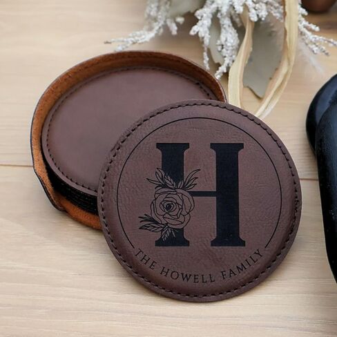 Custom Round Engraved Coasters, Personalized Leather Coaster, Set of 6 Drink Coasters with Holder, Laser Engraved Baware, Gift for Couples (Rustic/Gold) in Kuwait