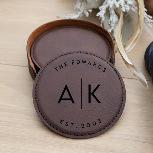 Custom Round Engraved Coasters, Personalized Leather Coaster, Set of 6 Drink Coasters with Holder, Laser Engraved Baware, Gift for Couples (Rustic/Gold) in Kuwait