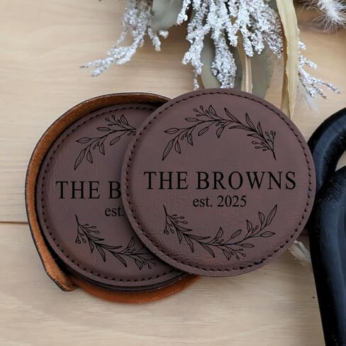 Custom Round Engraved Coasters, Personalized Leather Coaster, Set of 6 Drink Coasters with Holder, Laser Engraved Baware, Gift for Couples (Rustic/Gold) in Kuwait