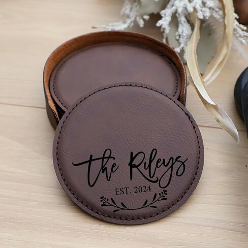 Custom Round Engraved Coasters, Personalized Leather Coaster, Set of 6 Drink Coasters with Holder, Laser Engraved Baware, Gift for Couples (Rustic/Gold) in Kuwait