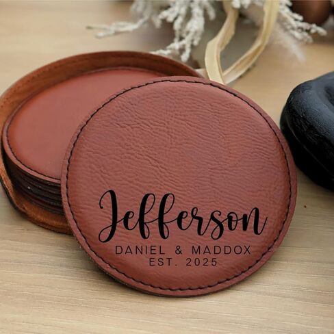 Custom Round Engraved Coasters, Personalized Leather Coaster, Set of 6 Drink Coasters with Holder, Laser Engraved Baware, Gift for Couples (Rustic/Gold) in Kuwait