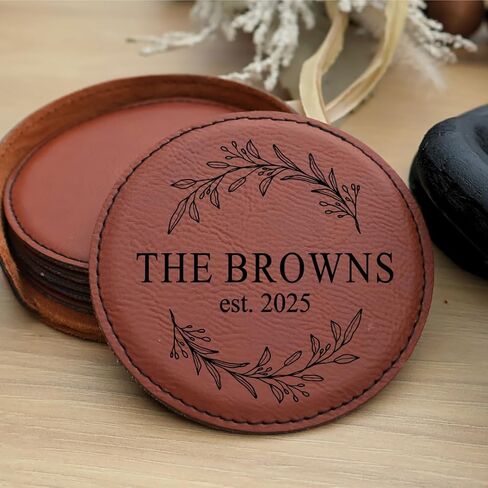 Custom Round Engraved Coasters, Personalized Leather Coaster, Set of 6 Drink Coasters with Holder, Laser Engraved Baware, Gift for Couples (Rustic/Gold) in Kuwait
