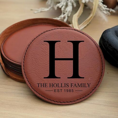 Custom Round Engraved Coasters, Personalized Leather Coaster, Set of 6 Drink Coasters with Holder, Laser Engraved Baware, Gift for Couples (Rustic/Gold) in Kuwait