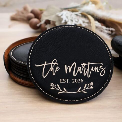 Custom Round Engraved Coasters, Personalized Leather Coaster, Set of 6 Drink Coasters with Holder, Laser Engraved Baware, Gift for Couples (Rustic/Gold) in Kuwait