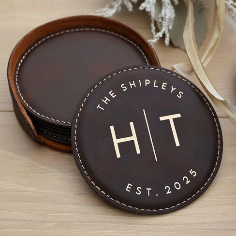 Custom Round Engraved Coasters, Personalized Leather Coaster, Set of 6 Drink Coasters with Holder, Laser Engraved Baware, Gift for Couples (Rustic/Gold) in Kuwait
