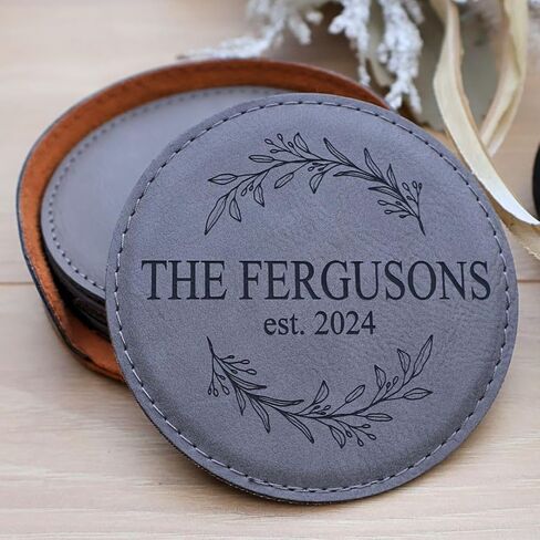 Custom Round Engraved Coasters, Personalized Leather Coaster, Set of 6 Drink Coasters with Holder, Laser Engraved Baware, Gift for Couples (Rustic/Gold) in Kuwait