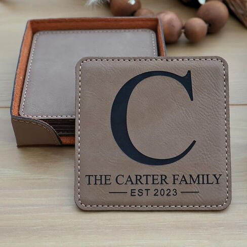 Custom Square Engraved Coasters, Personalized Leather Coaster, Set of 6 Drink Coasters with Holder, Laser Engraved Baware, Gift for Couples (Black/Gold) in Kuwait