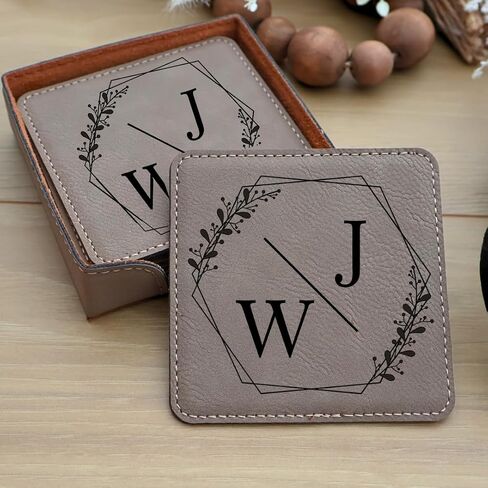 Custom Square Engraved Coasters, Personalized Leather Coaster, Set of 6 Drink Coasters with Holder, Laser Engraved Baware, Gift for Couples (Black/Gold) in Kuwait