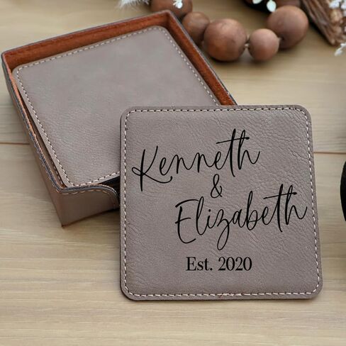 Custom Square Engraved Coasters, Personalized Leather Coaster, Set of 6 Drink Coasters with Holder, Laser Engraved Baware, Gift for Couples (Black/Gold) in Kuwait