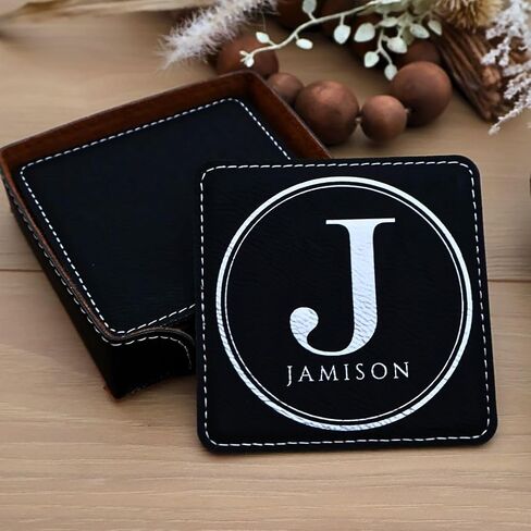 Custom Square Engraved Coasters, Personalized Leather Coaster, Set of 6 Drink Coasters with Holder, Laser Engraved Baware, Gift for Couples (Black/Gold) in Kuwait