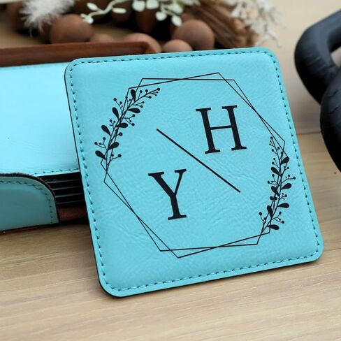 Custom Square Engraved Coasters, Personalized Leather Coaster, Set of 6 Drink Coasters with Holder, Laser Engraved Baware, Gift for Couples (Black/Gold) in Kuwait