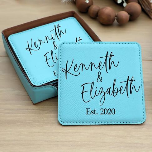 Custom Square Engraved Coasters, Personalized Leather Coaster, Set of 6 Drink Coasters with Holder, Laser Engraved Baware, Gift for Couples (Black/Gold) in Kuwait