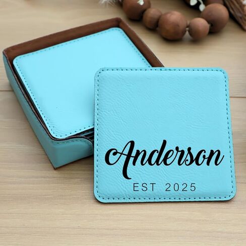 Custom Square Engraved Coasters, Personalized Leather Coaster, Set of 6 Drink Coasters with Holder, Laser Engraved Baware, Gift for Couples (Black/Gold) in Kuwait