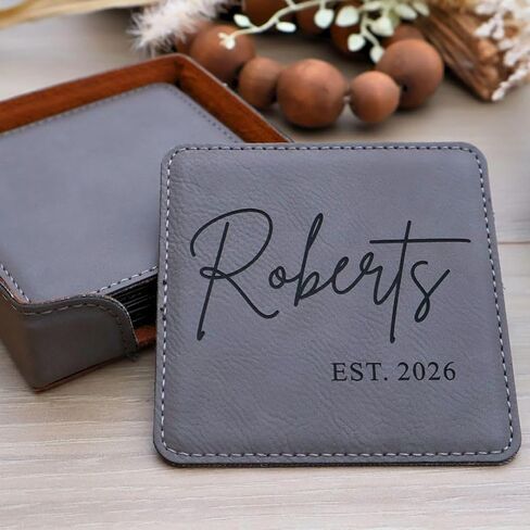 Custom Square Engraved Coasters, Personalized Leather Coaster, Set of 6 Drink Coasters with Holder, Laser Engraved Baware, Gift for Couples (Black/Gold) in Kuwait