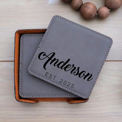 Custom Square Engraved Coasters, Personalized Leather Coaster, Set of 6 Drink Coasters with Holder, Laser Engraved Baware, Gift for Couples (Black/Gold) in Kuwait