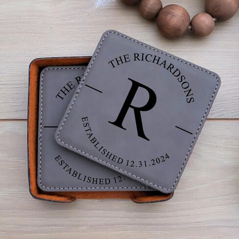 Custom Square Engraved Coasters, Personalized Leather Coaster, Set of 6 Drink Coasters with Holder, Laser Engraved Baware, Gift for Couples (Black/Gold) in Kuwait