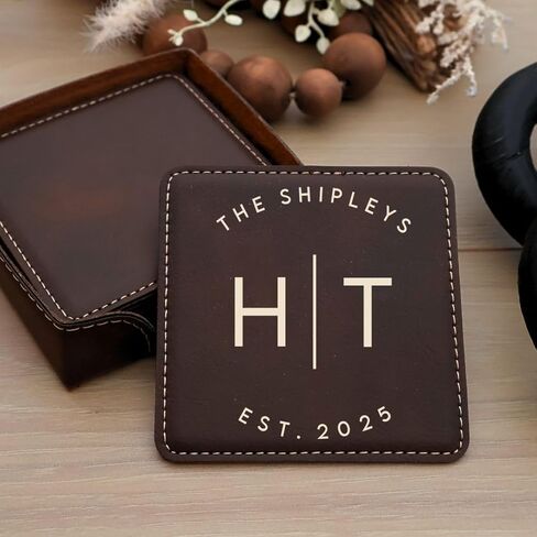 Custom Square Engraved Coasters, Personalized Leather Coaster, Set of 6 Drink Coasters with Holder, Laser Engraved Baware, Gift for Couples (Black/Gold) in Kuwait