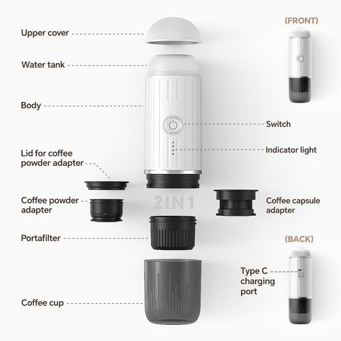 BENFUCHEN Portable Espresso Machine For Travel, USB-C Charging, Self-Heating Electric Espresso Maker, 19 Bar Mini Coffee Maker On the Go For Camping & Hiking For Ground Coffee & NESPRESSOpods, White in Saudi Arabia
