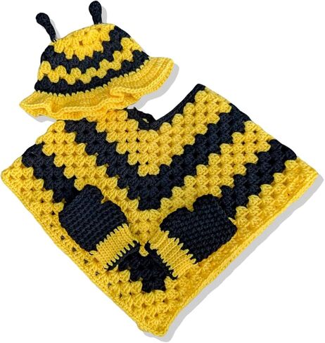 زي Crochet Bee for Kids من 3 إلى 5 سنوات ، يشمل قبعة ، معطف ، قفازات بدون إصبع ، خيوط أكريليك (قبعة ، بونتشو ، قفازات (مجموعة كاملة))) in Saudi Arabia