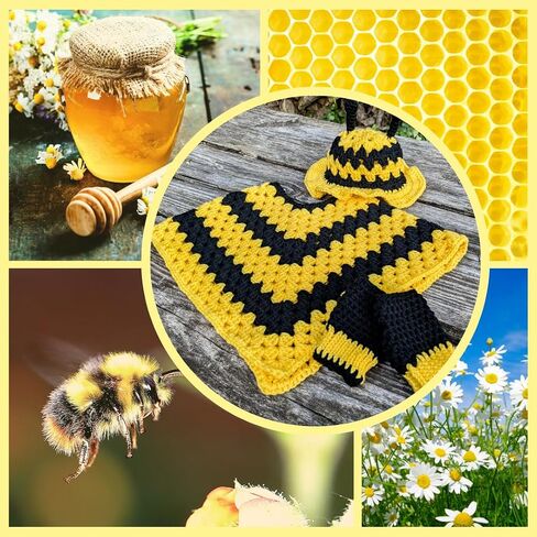 زي Crochet Bee for Kids من 3 إلى 5 سنوات ، يشمل قبعة ، معطف ، قفازات بدون إصبع ، خيوط أكريليك (قبعة ، بونتشو ، قفازات (مجموعة كاملة))) in Saudi Arabia