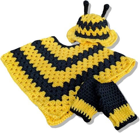 زي Crochet Bee for Kids من 3 إلى 5 سنوات ، يشمل قبعة ، معطف ، قفازات بدون إصبع ، خيوط أكريليك (قبعة ، بونتشو ، قفازات (مجموعة كاملة))) in Saudi Arabia