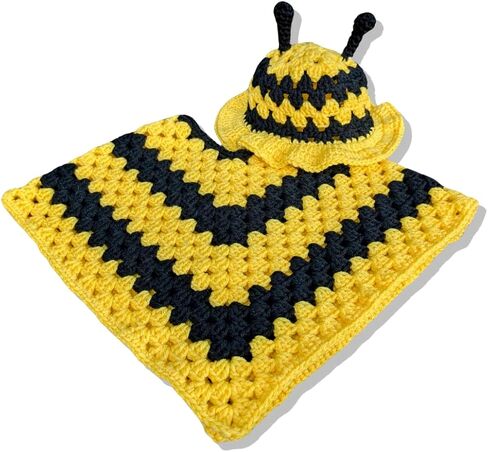 زي Crochet Bee for Kids من 3 إلى 5 سنوات ، يشمل قبعة ، معطف ، قفازات بدون إصبع ، خيوط أكريليك (قبعة ، بونتشو ، قفازات (مجموعة كاملة))) in Saudi Arabia