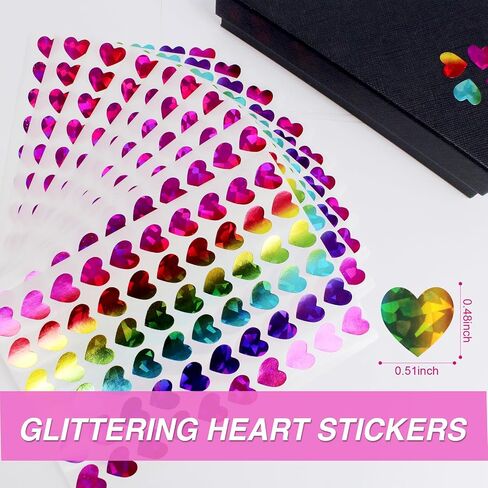 1800pcs 0.5inch Holographic Heart Stickers,Glitter Tiny Hearts Sticker for Kids,Use for Valentines Day Love Decorations, Award Charts, Scrapbooking Crafts,Student Planner (Rainbow) in Kuwait