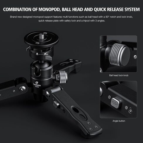 Leofot MV-324CL+VD-03 Long Carbon Fiber Flip Lock Pro Video Camera Monopod with Tripod Stand Max Load 22lb, Height: 1800mm in Kuwait
