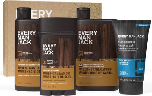 Every Man Jack Men’s Amber + Sandalwood Bath and Body Gift Set - Clean Ingredients & Sandalwood, Amber, and Vetiver scent - Round Out His Routine with Body Wash, 2-in-1 Shampoo, Deodorant & Face Wash in Kuwait