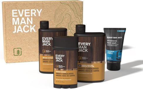Every Man Jack Men’s Amber + Sandalwood Bath and Body Gift Set - Clean Ingredients & Sandalwood, Amber, and Vetiver scent - Round Out His Routine with Body Wash, 2-in-1 Shampoo, Deodorant & Face Wash in Kuwait
