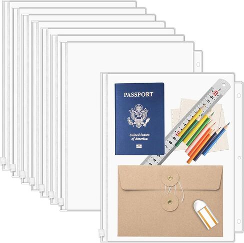 12 Pack Clear Letter Size Binder Pockets 3 Holes, Thickened Zipper Binder Pouch 3-Hole Punched Document Folders Loose Leaf Filling Bags Sheet Protectors,8.5" x 11" in Saudi Arabia