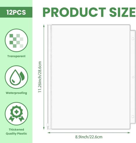12 Pack Clear Letter Size Binder Pockets 3 Holes, Thickened Zipper Binder Pouch 3-Hole Punched Document Folders Loose Leaf Filling Bags Sheet Protectors,8.5" x 11" in Saudi Arabia