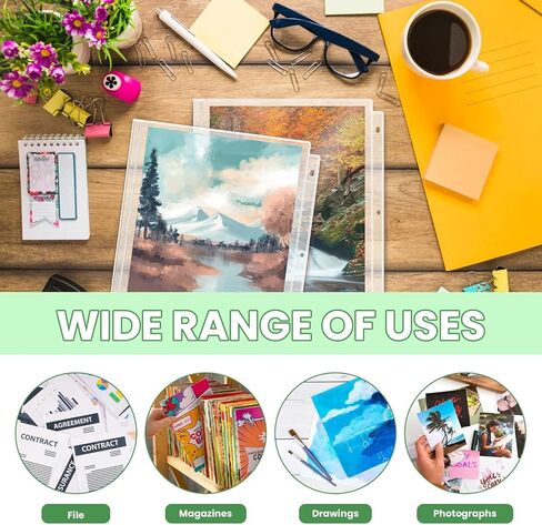 12 Pack Clear Letter Size Binder Pockets 3 Holes, Thickened Zipper Binder Pouch 3-Hole Punched Document Folders Loose Leaf Filling Bags Sheet Protectors,8.5" x 11" in Saudi Arabia