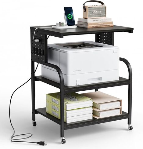 VINGLI 4 Tier Printer Stand with Adjustable Storage Shelf, Printer Cart with Drawer & Power Strip, Large Tall Printer Table with Wheels for Home Office Small Spaces Organization, Rustic Brown in Saudi Arabia