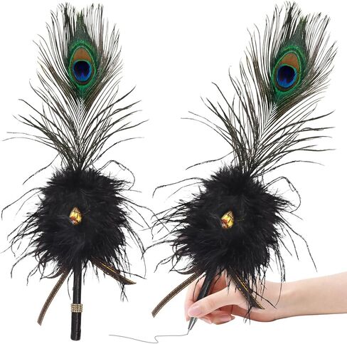 Crown Guide Luxury Peacock & Ostrich Feather Quill Pen - قلم دفتر ضيوف زفاف أنيق ، مستلزمات Gatsby/HP Party ، هدية دش الزفاف الطفيلي مع أحجار الأحجار الكريمة ومسكات الراين (13 "، أسود) in Kuwait