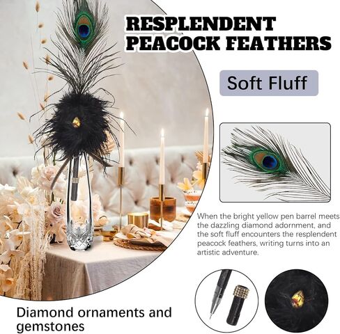 Crown Guide Luxury Peacock & Ostrich Feather Quill Pen - قلم دفتر ضيوف زفاف أنيق ، مستلزمات Gatsby/HP Party ، هدية دش الزفاف الطفيلي مع أحجار الأحجار الكريمة ومسكات الراين (13 "، أسود) in Kuwait