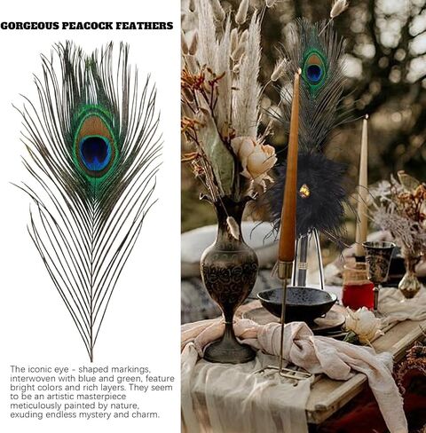 Crown Guide Luxury Peacock & Ostrich Feather Quill Pen - قلم دفتر ضيوف زفاف أنيق ، مستلزمات Gatsby/HP Party ، هدية دش الزفاف الطفيلي مع أحجار الأحجار الكريمة ومسكات الراين (13 "، أسود) in Kuwait