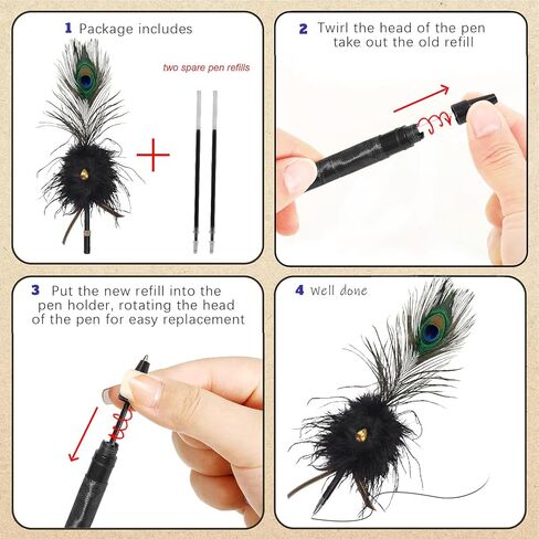 Crown Guide Luxury Peacock & Ostrich Feather Quill Pen - قلم دفتر ضيوف زفاف أنيق ، مستلزمات Gatsby/HP Party ، هدية دش الزفاف الطفيلي مع أحجار الأحجار الكريمة ومسكات الراين (13 "، أسود) in Kuwait
