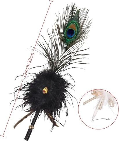 Crown Guide Luxury Peacock & Ostrich Feather Quill Pen - قلم دفتر ضيوف زفاف أنيق ، مستلزمات Gatsby/HP Party ، هدية دش الزفاف الطفيلي مع أحجار الأحجار الكريمة ومسكات الراين (13 "، أسود) in Kuwait