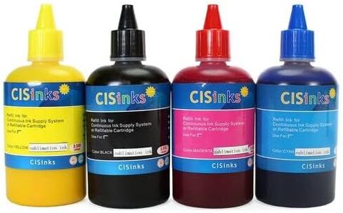 Cisinks 4x100ml Sublimation Ink Refill Bottle Set - 4 Colors (Black, Yellow, Cyan, Magenta) for EcoTank, Supertank, Artisan Inkjet Printers Heat Press Transfer on T-Shirt, Mugs, Pillows, Phone Case in Saudi Arabia